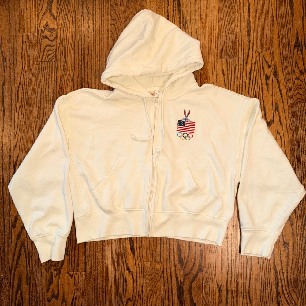 Looney Tunes x Team USA Olympic Zip Up Hoodie Embroidered Cropped Large Cream